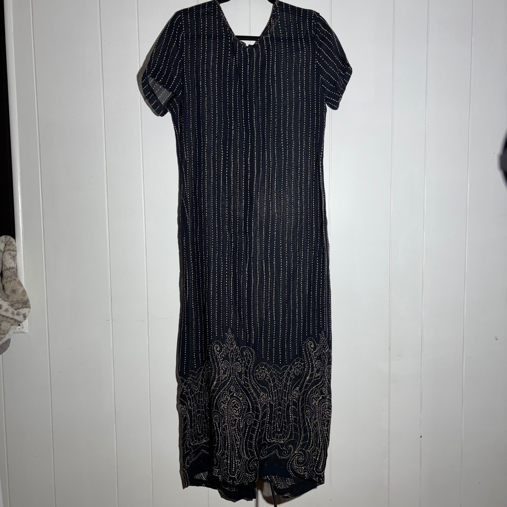 Vintage Sheer Black Paisley Border Print Dotted Maxi Dress Large Boho Modest‎